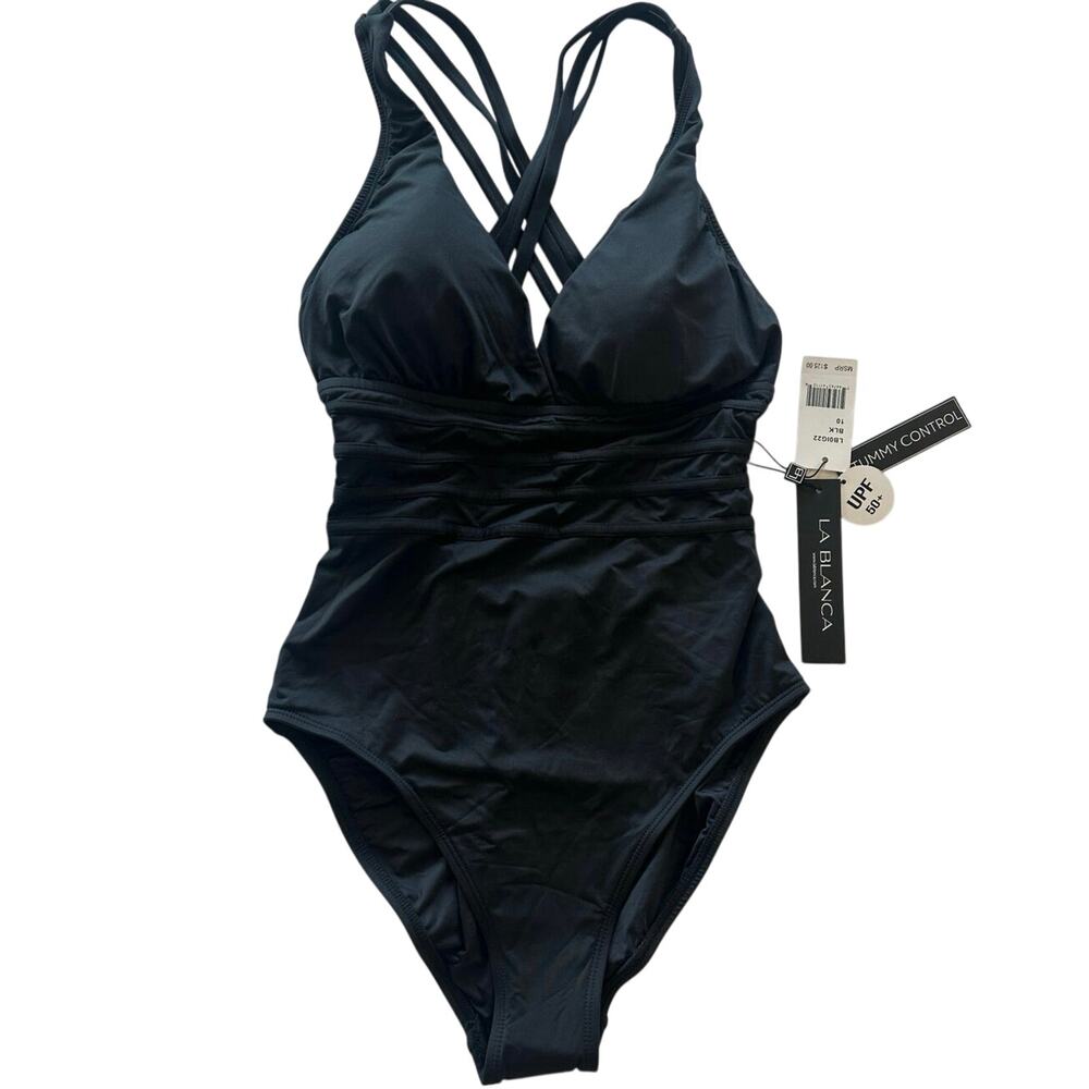 LA BLANCA NEW Black Island Goddess Multi-Strap Criss Cross Back Swimsuit size 10 - Picture 3 of 7